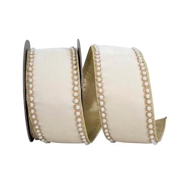 Imagem de Reliant Ribbon Fita de veludo de pelúcia pérola luxo esplendor metálico com borda com fio, creme