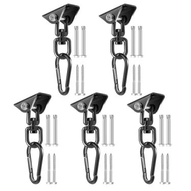 Imagem de Gancho giratório de 360° para suporte de teto, para cadeira e saco de pancadas, para ioga, balanço, ferragens, mosquetão, parafusos para uso interno e externo (preto, 5 peças)