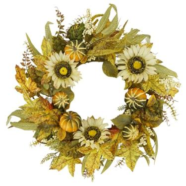 Imagem de YNYLCHMX Guirlanda de outono de 45,7 cm para porta da frente, guirlanda artificial de outono com girassol, abóbora e frutas silvestres para casa, varanda, janela, parede de fazenda, decoração interna