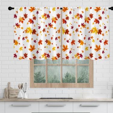 Imagem de Cortinas de cozinha de outono outono folhas de bordo sanefas para janelas sobre a pia 61 cm de comprimento Dia de Ação de Graças Cortina de colheita de folhas laranjas pequena curta casa de fazenda