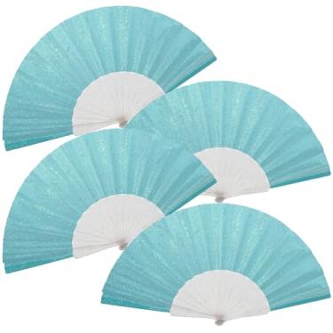 Imagem de Pacote com 4 leques de mão femininos com glitter e nervuras transparentes brilhantes – Ideal para casamento, igreja, festival, dança, festa de chá, clube e acessórios EDM, azul celeste