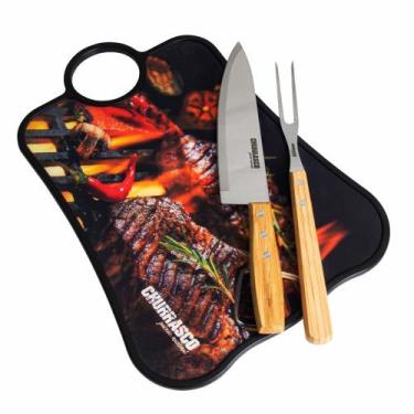 Imagem de Kit Churrasqueiro Tabua de Corte Churrasco Kit 3 Peças Carne Faca de C