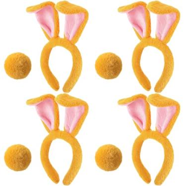 Imagem de Crowye Conjunto de 4 conjuntos de tiara e cauda de orelhas de coelho de Halloween, faixa de cabeça de orelhas de coelho de pelúcia, conjunto de acessórios de fantasia para Halloween, Páscoa, cosplay