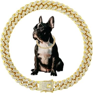 Imagem de Coleira de elos cubanos dourados, colares de corrente para cães pequenos, colar de corrente para cães pequenos, cristal, brilhante, diamante, strass, filhotes, gatos, para meninos pequenos, médios e