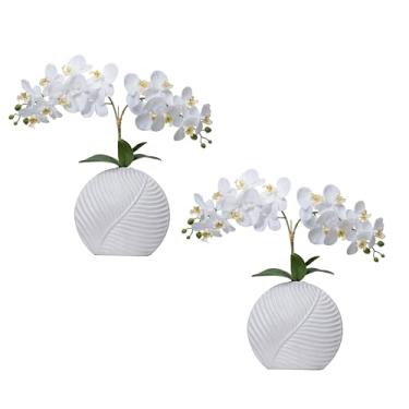 Imagem de Arranjo de orquídea branca de 48 cm em vaso de cerâmica branca estilo folha - pacote com 2