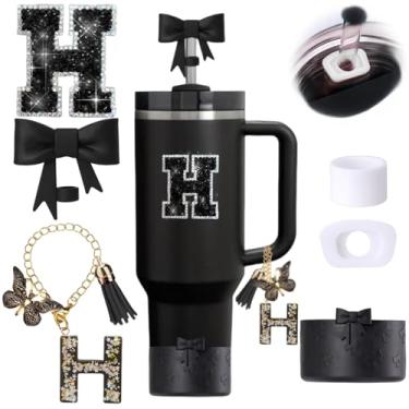 Imagem de Conjunto de 6 peças de acessórios para copos Stanley Pretos, Topper de canudo com laço para Stanley Cup 850 g 1,134 g, incluindo cobertura de palha e bota de silicone com laço, tampas à prova de