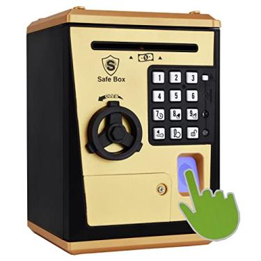 Imagem de Litpggy Cofre para crianças com senha de impressão digital, caixa eletrônico, cofrinho para dinheiro real, presente de brinquedo para meninos e meninas de 5 a 14 anos (dourado)