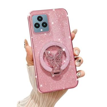 Imagem de Tesazxcn Capa de telefone para T-Mobile Revvl 6 [compatível com Magsafe] com suporte de borboleta e cordão de TPU macio brilhante transparente à prova de choque capa para Revvl 6, ouro rosa