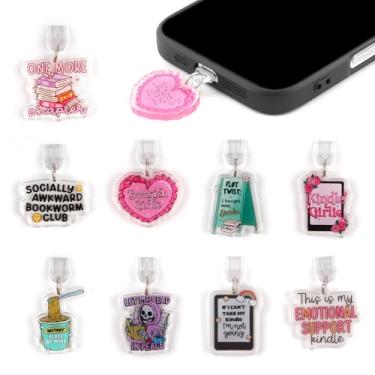 Imagem de 9 peças de plugue de poeira tipo C, pingentes de plugue de poeira com letras engraçadas de coração rosa para Kindle e telefone, presente de coquete para amantes de livros, leitores, homens e mulheres