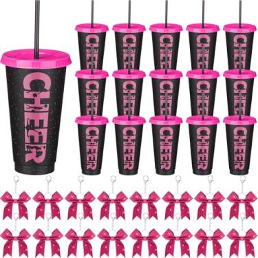 Imagem de LemonRoad 32 peças de presente de líder de torcida com glitter a granel para equipe de 680 g copos reutilizáveis de torcida chaveiro de plástico com tampa e canudo garrafa de água de líder de torcida