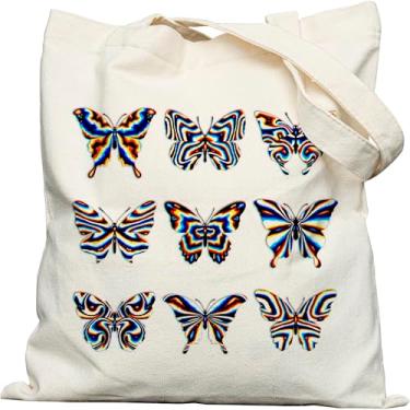 Imagem de Dyale Sacola feminina de lona com fecho de pressão, sacola de borboleta estampada dupla face com alças largas nos ombros e bolso interno para viagem, compras, trabalho, viagens