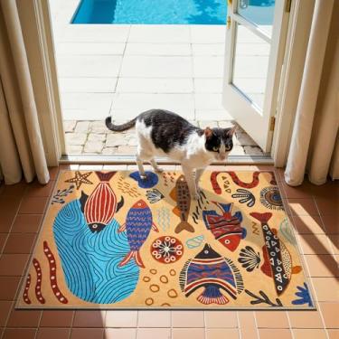 Imagem de jinchan Tapete de área 2x3 costeiro submarino náutico oceano marinho tema peixe estrela do mar conchas praia antiderrapante lavável macio entrada interior capacho para crianças quarto cozinha banheiro