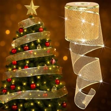 Imagem de Arrowbash Fita de Natal dourada com glitter de 10 cm de 25 jardas fita metálica de favo de mel para rede de árvore de Natal, guirlanda de tecido, enfeite de árvore, guirlanda de arcos para decoração