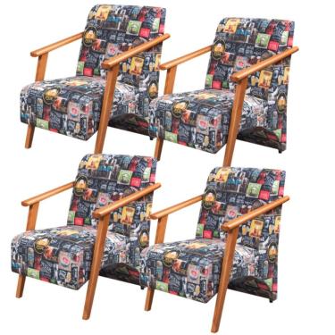 Imagem de Kit 4 Poltronas Venus 1 Lugar Braço Madeira Maciça Tecido Suede Unidecor Retro Bar 107