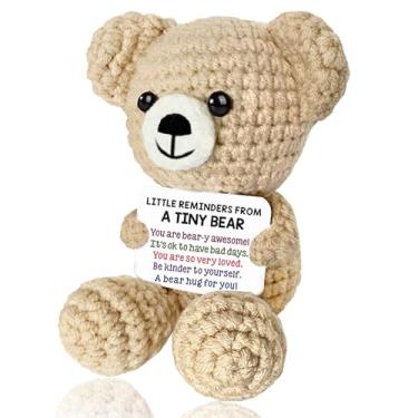 Imagem de Emotional Support Crochet Teddy Bear Plush Positive Crochet Animals with Messages Mini Handmade Crocheted Animals, Cute Get A Hug Bear You're Awesome Gifts for Women Friends Coworker Sister Xmas Gift