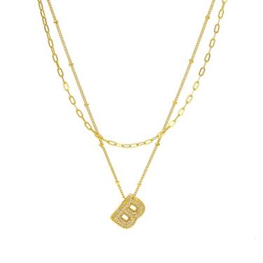 Imagem de Tasunom Colar com inicial de camada dupla, banhado a ouro 14K, pingente de letra de cristal CZ disponível, A-Z, Medium, Latão, Sem Pedra Preciosa
