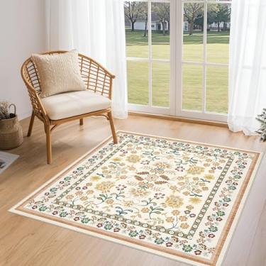 Imagem de UERMEI Tapetes quadrados: Tapete floral lavável 10 x 10 cm para sala de estar e quarto - Tapete macio com suporte antiderrapante para cozinha, berçário, dormitórios, casa de fazenda, decoração de casa