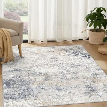 Imagem de DMOYEST Tapete de área para sala de estar – 12 x 12 cm lavável grande macio interior neutro moderno abstrato baixo tapete para quarto, sala de jantar, casa de fazenda, escritório em casa - bege azul