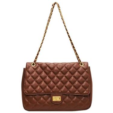 Imagem de Ansseng Bolsa tiracolo grande acolchoada feminina de couro vegano com alça de ombro de corrente de metal, Marrom, Bolsa de ombro acolchoada