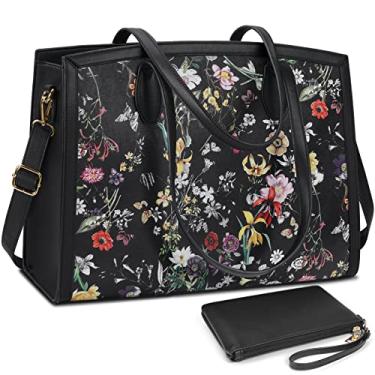 Imagem de Bolsa para laptop feminina 15,6 polegadas Laptop Tote Bags Impermeável Computador Professor Trabalho Maleta Grande Capacidade Bolsa de couro Escritório Negócios Bolsa de ombro 2 peças Conjunto Padrão de flor preta