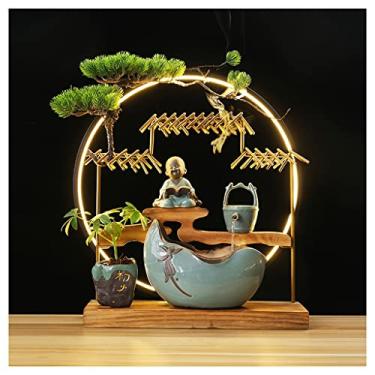 Imagem de XFNVXC Fonte decorativa para interior de mesa, fonte de mesa de cerâmica com círculo de lâmpada, ornamento chinês de água da sorte, decoração de sala de estar e escritório, fonte de jardim ornamental