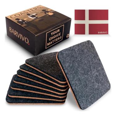 Imagem de BARVIVO Conjunto de 8 porta-copos pretos absorventes para bebidas – Porta-copos clássicos perfeitos para proteção de mesa de madeira com lateral de cortiça que evita arranhões e um lado de feltro com absorção de condensação instantânea