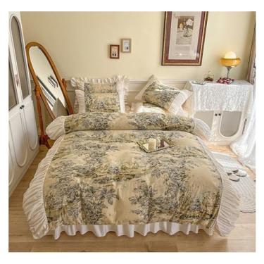 Imagem de ZDJZMGZ Conjunto de edredom Queen de algodão com quatro peças vintage, conjunto de lençol com colcha, estilo princesa macio, roupa de cama completa (cama de 1,5/1,8 m)
