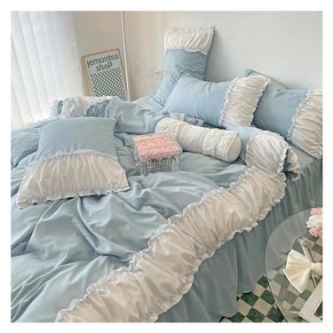 Imagem de 4 peças, capa de edredom luxuosa, lençol de cama com babados, princesa, estampa de cama, fronha macia (azul grande)