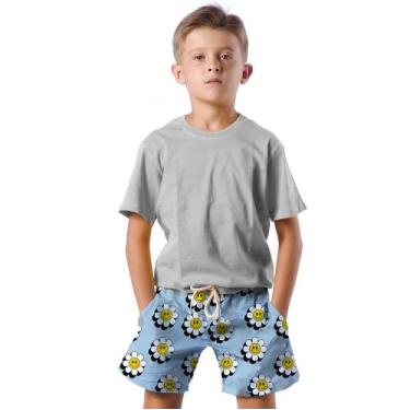 Imagem de Shorts Infantil Bermuda Calção Praia Verão Emoji Flores Happy Azul Car