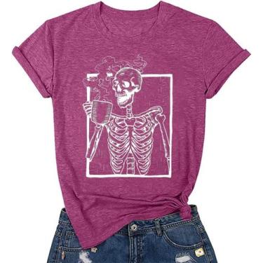Imagem de Camiseta FCDIED Hot Coffee Skeleton Halloween feminina roxa S