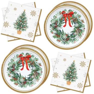 Imagem de ZVK Conjunto de pratos de papel para festa de Natal, pratos grandes descartáveis de 25,4 cm com guardanapos de jantar de 33 cm, servir 20 para férias