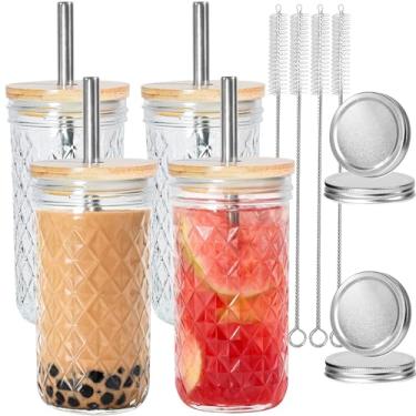 Imagem de Icesip 4 peças de copo de vidro de boca larga de 623 g com tampas e canudo, potes de vidro reutilizáveis, copo de vidro para café gelado, vitaminas, chá, suco, milkshake