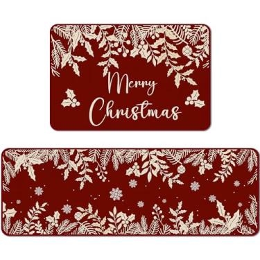 Imagem de 2 tapetes de cozinha de Natal, tapetes de floco de neve de folhas vermelhas para chão, tapete de cozinha de feliz Natal para inverno, interior, exterior, casa, apartamento, entrada, banheiro