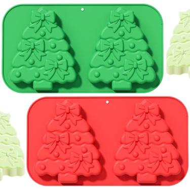 Imagem de Pacote com 2 moldes de silicone para árvore de Natal, 2 formas de chocolate de cavidade para assar 3D, molde de bolo de Natal, vela de Natal, molde de resina, sabão de pinheiro, cubo de gelatina para