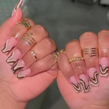 Imagem de Kit de unhas curtas médias quadradas, unhas falsas marrons com design de pintura abstrata cola em gel para mulheres cobertura completa acrílico artificial bastão falso em unha para casamento, 24 peças