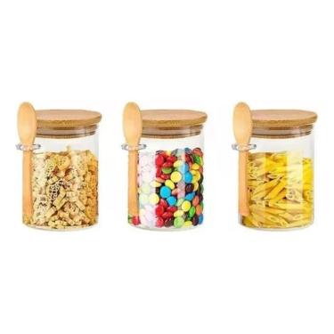 Imagem de Kit 3 Potes De Vidro Com Tampa E Colher De Bambu Cor Transpa