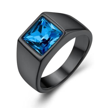 Imagem de KeyStyle Anéis de pedra preciosa quadrada para homens, anel rosa de aço inoxidável personalizado com topázio azul ônix preto anel de declaração de pedra do mês de nascimento, 8, Aço inoxidável Aço