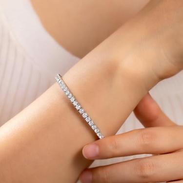 Imagem de Pulseiras femininas banhadas a ouro 14K em camadas – pulseiras de diamante dourado/ouro branco delicadas, pulseiras hipoalergênicas à prova d'água, presentes de aniversário personalizados para