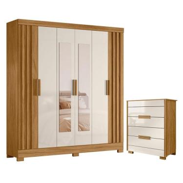 Imagem de Guarda Roupa Casal Valença Com Espelho E Cômoda Dhara Freijó Off White - Moval