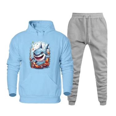 Imagem de Conjunto Moletom Canguru Estampa Tubarao Plus Size Masculino Confortavel