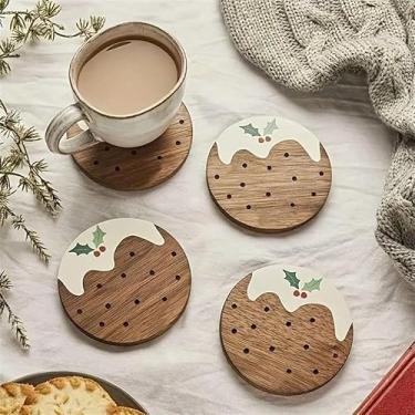 Imagem de Pacote com 6 porta-copos de madeira de pudim de Natal, porta-copos de madeira para casa, escritório, café, decoração de sala de chá, decoração de mesa, decoração de restaurante, presente