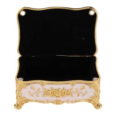 Imagem de SUNGOOYUE Caixa de Joias Retangular de Liga de Zinco Vintage Com Padrão Rosa Forro de Veludo Macio Organizador de Bugigangas Coleção de Presentes Decoração de Cômoda de Casamento (Ouro Branco)