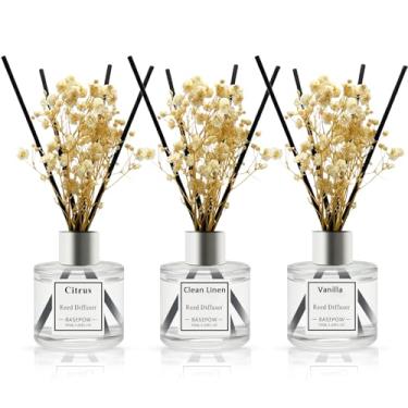 Imagem de BASEPOW Conjunto de 3 difusores de palheta, difusor de óleo perfumado de baunilha e cítrico com 12 varetas, difusor de palheta para casa, sala de estar, escritório, banheiro, ambientador, 50 ml x 3