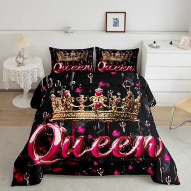 Imagem de Feelyou Conjunto de edredom Queen com estampa de coroa, tamanho casal, para meninos e meninas, crianças, conjunto de edredom vermelho, decoração de quarto, 3 peças