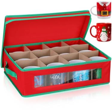 Imagem de Wesnoy Caixa de armazenamento de canecas de Natal com divisórias 40 x 30 x 12,6 x 12,5 cm, canecas de café de Natal, caixa organizadora para 12 canecas com tampa de 2 alças e janela de PVC