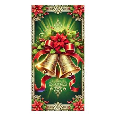 Imagem de BlissYard Capa de porta de Natal, 89 x 188 cm, sinos, sinal de varanda, cenário de parede, decoração de poinsétia, para entrada de casa para meninas ou meninos, presentes para decoração de sinos