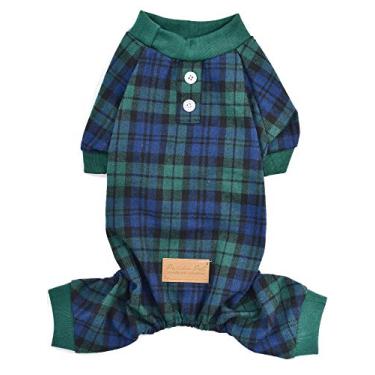 Imagem de Parisian Pet Pijamas para cães – Pijama xadrez verde escocês – Calças elásticas para cães – Roupa de cama para cães – Lavável na máquina – Macacão para cachorros – Pijama para cães pequenos – P