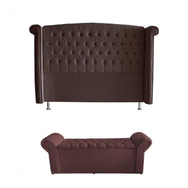 Imagem de Kit Realeza Cabeceira De Cama Box E Calçadeira Baú Casal 140 Cm Suede Rosê Eli Móveis