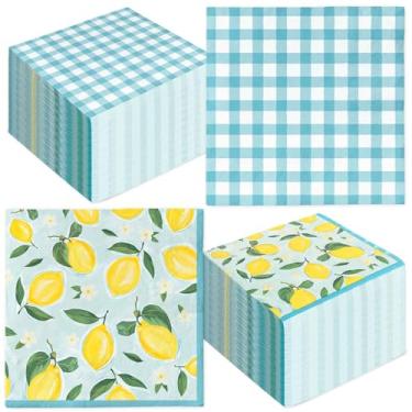 Imagem de Whaline Guardanapos de almoço de limão primavera verão guardanapo de papel descartável reversível xadrez azul limão sobremesa jantar guardanapo de mão para casamento chá de bebê aniversário, 50 peças