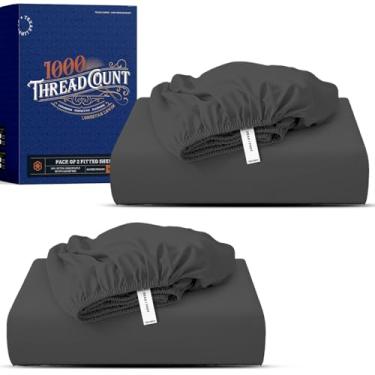 Imagem de TEXAS LINEN CO. Pacote com 2 lençóis Queen 100% algodão egípcio - lençol com elástico alto de luxo tamanho Queen (cinza escuro), macio, refrescante, qualidade de hotel